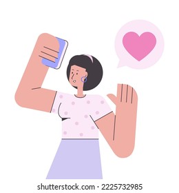 El personaje toma una foto de sí mismo por teléfono. Concepto de selfie. Ilustración vectorial en un estilo plano