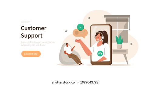 Character talking with customer support on smartphone. Female customer service agent helping to client. Online customer support and helpdesk concept. Flat cartoon vector illustration.