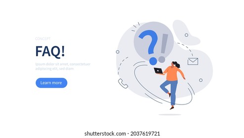 Caracteres hablando con el servicio de atención al cliente.  Mujer haciendo preguntas y recibiendo respuestas. Servicio de asistencia en línea. Concepto de preguntas frecuentes. Ilustración vectorial de dibujos animados planos.