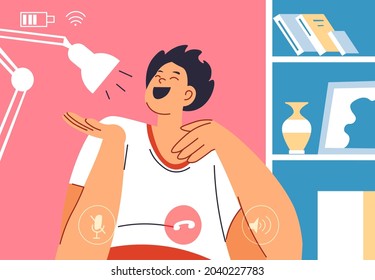 Character talking and laughing while communicating online. Teenager on meeting or webinar in internet, cyberspace and virtual interaction. Remote and distant connection. Vector in flat style
