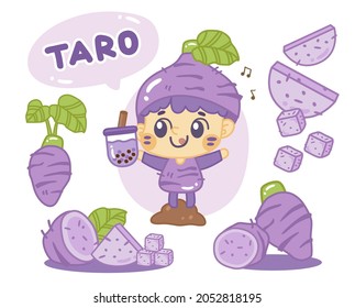 Character Taro holding milk taro bubble ,Taro root, Taro sliced 