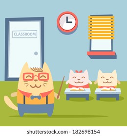 Character teacher in a business suit with suspenders colorful flat. Cat male stands near desks in the classroom  holding a  pointer