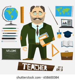 character teacher. Cartoon funny teacher and a set of teacher tools vector illustration

