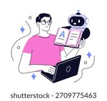 Character teaching Ai robot assistant from data. Large language model training, neural network, algorithm optimization concept. Vector illustration.