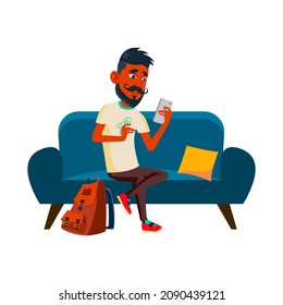 character teen boy using smartphone happy chat. gadget technology. digital app. vector flat cartoon illustration