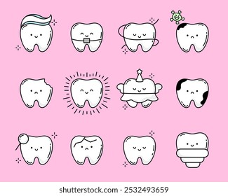 Character Teeth Big Set. Healthy and diseased teeth. Collection of teeth with different emotions. Funny healthy molars with happy and sad faces. Implant, Braces, Crown, Tooth with Caries, Crack