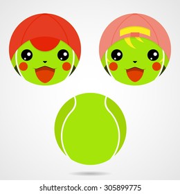 Character tennis ball. Cute laughing little boy and girl in the Japanese anime style. Vector illustration