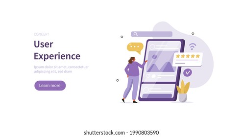 Character testing user interface and usability for mobile app. Customer or tester giving feedback on smartphone. Customer experience and mobile development concept. Flat cartoon vector illustration.