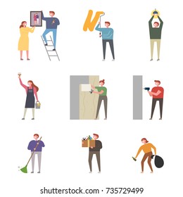 A character that expresses various situations of the couple's interior after moving the house. vector illustration flat design
