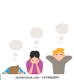 character thinking and blank thought/speech bubble. tree people thinking adn blank speech bubble. Vector illustration in cartoon style.