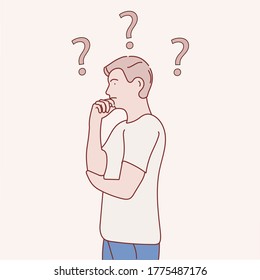  Character is thinking hard, looking for a solution to a difficult issue, his hand on his chin. He is experiencing brain tension, anxiety, stress. Vector flat cartoon illustration.