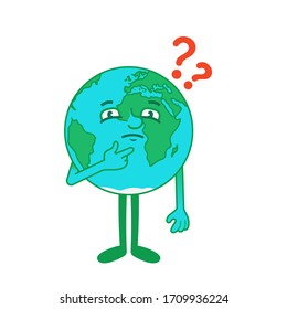 Сartoon character of thinking planet, blue earth who have some new questions. Modern vector flat design illustration.
