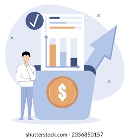 Der Charakter denkt über seine Ausgaben nach und analysiert sie. Finanzkompetenz und Online-Bildung, Analyse von Statistiken und Verwaltung von Geld.