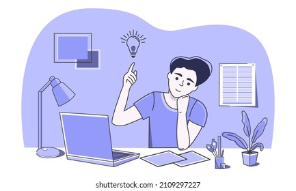 A character thinks through a work plan. A spontaneous idea. The process of working. Symbol of a light bulb. Vector. Business. Simple cartoon drawing. Graphics. Quirky style.