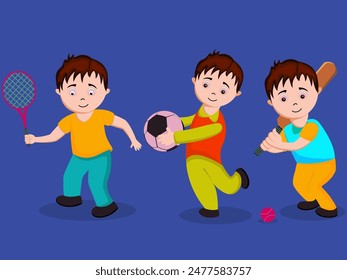 Character of three boys holding tennis racquet, football and cricket bat on blue background.