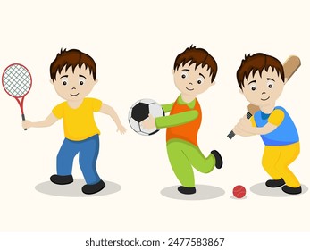 Character of three boys holding tennis racquet, football and cricket bat on beige background.