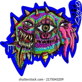 Character with three - faced scary devil or alien doodle style. Psychedelic fantasy style. Hand drawing. Sticker, logo, print.