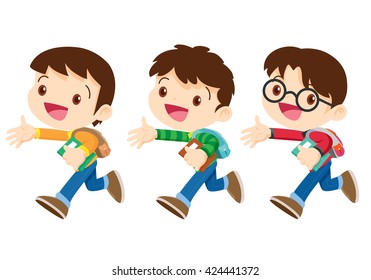 character of three student boy smile and walking so happy