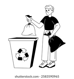 A character throwing trash in a dustbin, glyph style illustration 
