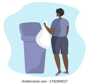 Carácter lanzando desechos de basura a contenedores y reciclando plástico, papel u otra basura de basura.Proteger la ecología.Clasificar desechos en tanques diferentes.Lanzar basura.Hogar.Ilustración de vectores planos