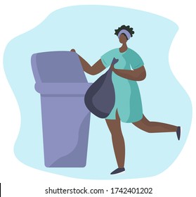 Character Throwing Trash Waste Into Containers and Recycling Plastic,Paper or other Rubbish Garbage.Protect Ecology.Sorting Waste into Different Tanks.Throw Garbage.Flat Vector Illustration