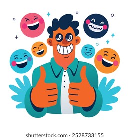 Un personaje pulgar arriba de la reacción, un estilo plano
