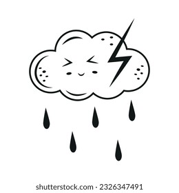 Character thundercloud kawaii in doodle style, black outline, isolated vector