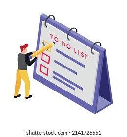 Character ticking off tasks on to do list isometric icon 3d vector illustration