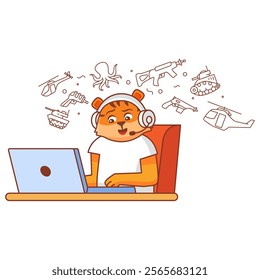 Character is a tiger boy in play video games on pc.Child gamer enjoy on computer.Gaming laptop and headphones.Isolated on white background.Young school kid tiger.Playing computer game.