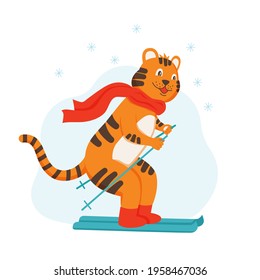 El club de tigres de carácter recorre los esquíes. Enero, el inicio del invierno, el símbolo del año. Ilustración vectorial de dibujos animados planos.
