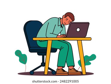 character of tired businessman sleeping on laptop, at his desk, overloaded working, Hand drawn style vector design illustrations.