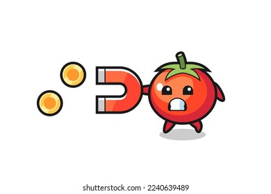 der Charakter der Tomaten hält einen Magneten, um die Goldmünzen zu fangen, süße Stilgestaltung für T-Shirt, Aufkleber, Logo-Element