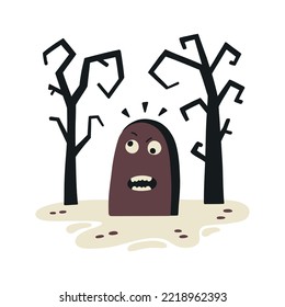 Character tombstone among the bare trees. Halloween clipart. Flat vector illustration isolated on white background