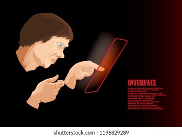 The character touches the screen of the mobile device with his finger