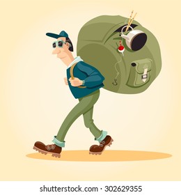 The character of the tourist with a big backpack. Tourist walks in the campaign.