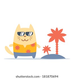Character tourist wearing sunglasses and a shirt with flowers colorful flat. Cat male stands smiling 