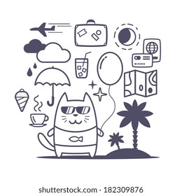Character tourist wearing sunglasses and a shirt with flowers line art composition of professional accessories. Cat male stands smiling and holding a balloon