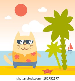 Character  tourist wearing sunglasses and a shirt with flowers colorful flat. Cat male stands on the beach near the sea and palm trees