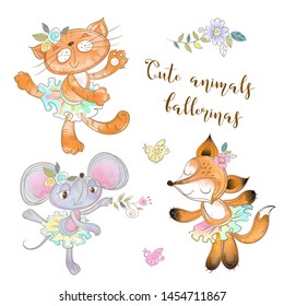 Character toy set. The mouse the cat and the Fox in a tutu. Animal ballerinas. Vector.