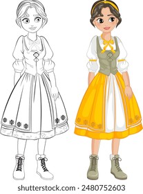 Character in traditional dress with color and outline versions