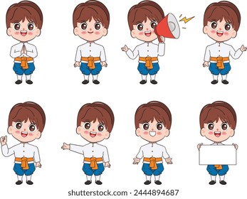 Character of traditional dress Thai boy or young man gesture poses. Cartoon vector hand drawn chibi doodle style. Welcome to Thailand concept.