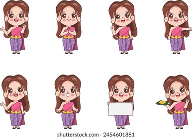 Character of traditional dress Thai girl or young woman gesture poses. Cartoon vector hand drawn chibi doodle style. Welcome to Thailand concept.