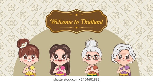 Character of traditional dress Thai girl or young woman gesture poses. Cartoon vector hand drawn chibi doodle style. Welcome to Thailand concept.