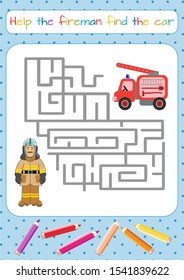Character for training: firefighter, fireman. Labyrinth, maze. Man in firefighter uniform Educational game for children. Cartoon vector illustration