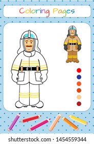 Character for training: firefighter, fireman. Man in firefighter uniform Educational game for children. Copy the picture. Coloring book. Cartoon vector illustration