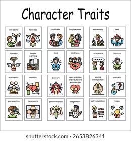 Character Traits. Various personality traits, cute character doodle style, sluggish, cheerful, attractive, repulsive, bad-tempered, cool, extrovert, introvert, arrogant, stingy, generous. 117