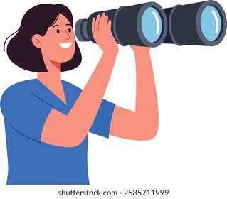 The character transitions from surprise to joy while observing with binoculars in the second frame.
