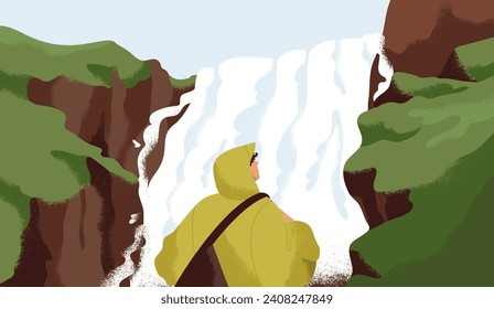 Viajes de personajes en la naturaleza, mirando las cascadas. Hombre explorador, turista en paz, tranquilo y sereno paisaje. Aventura, libertad, serenidad, concepto de psicología. Ilustración vectorial plana