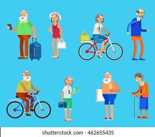 Character travelers. Old age retired tourists. Elderly couple senior having summer vacation with map and gadget, senior in swimsuits go on beach, riding on a bicycle. Health icons