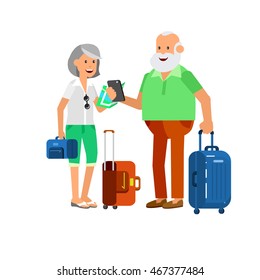 Character travelers. Old age retired tourists. Elderly couple senior having summer vacation with map and gadget